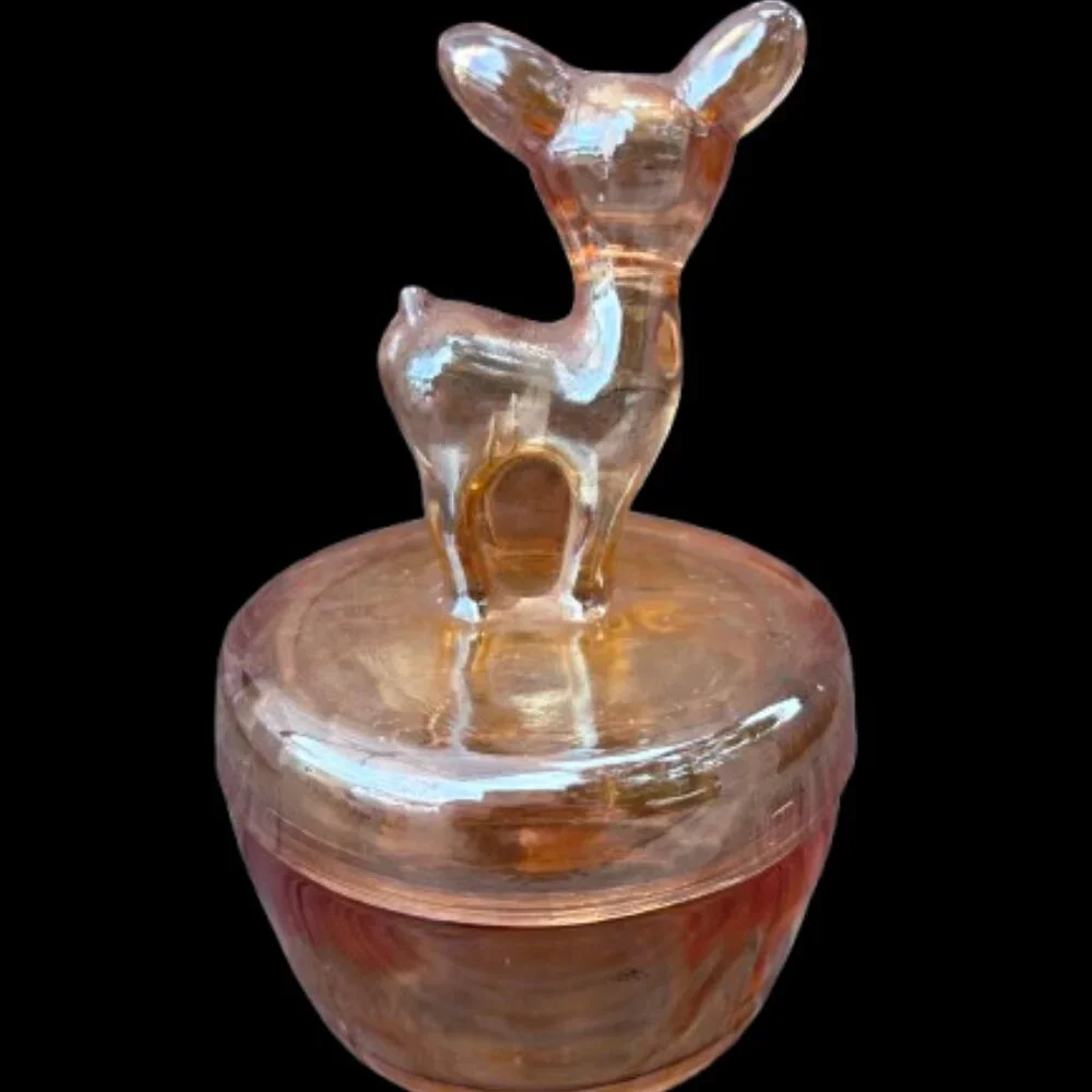 Vintage Jeannette Marigold Glass Vanity Powder Jar with Deer